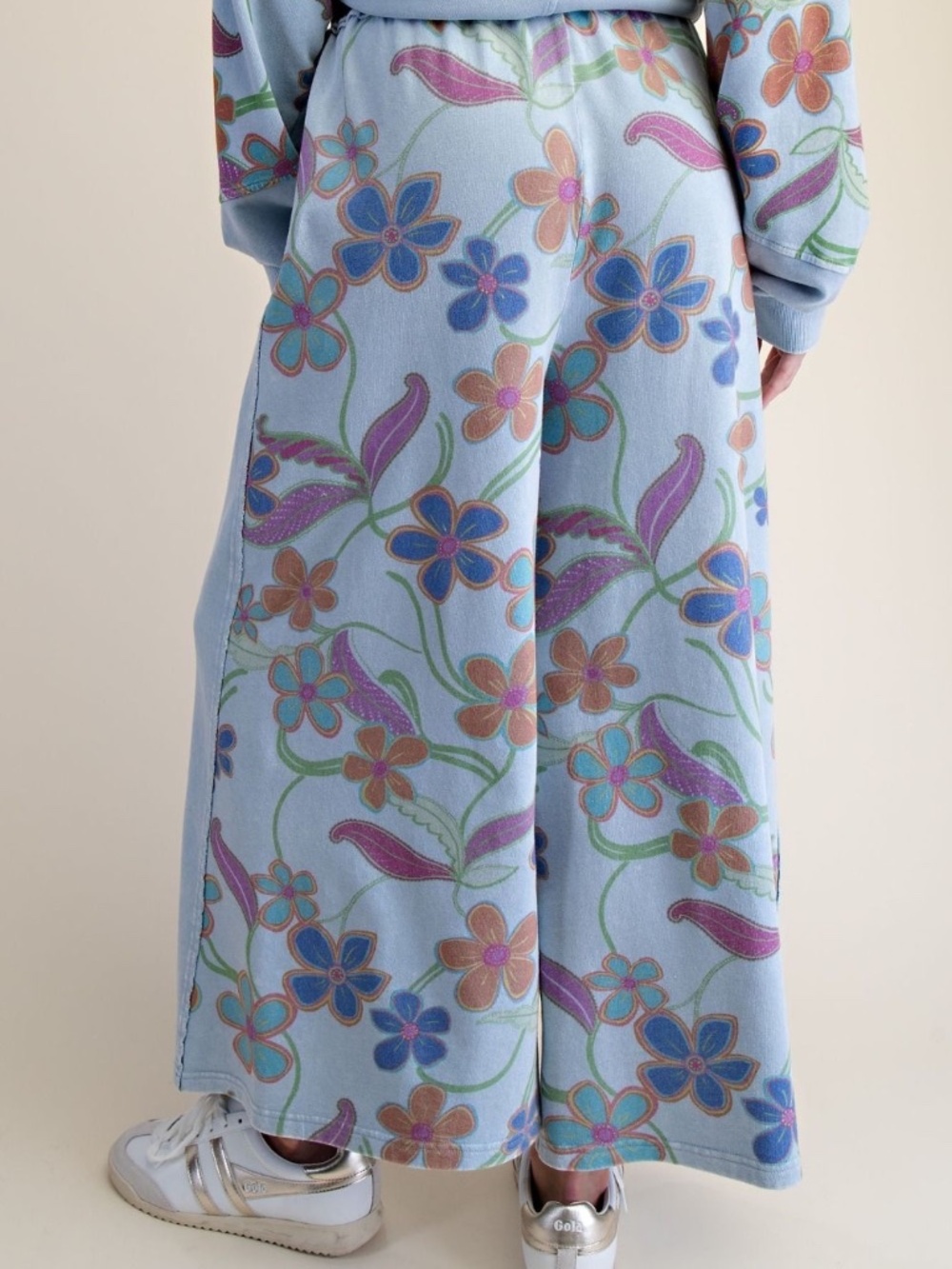 New Easel Knit Pants Blue Floral Washed Terry Relaxed Wide Leg Pull On Comfort - Picture 4 of 5